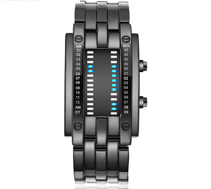 Coole Herrenuhr im Binary-Design, Edelstahl, LED-Armband, modische Sportuhr mit blauem Licht, vakuumbeschichtet, stilvolle Uhr