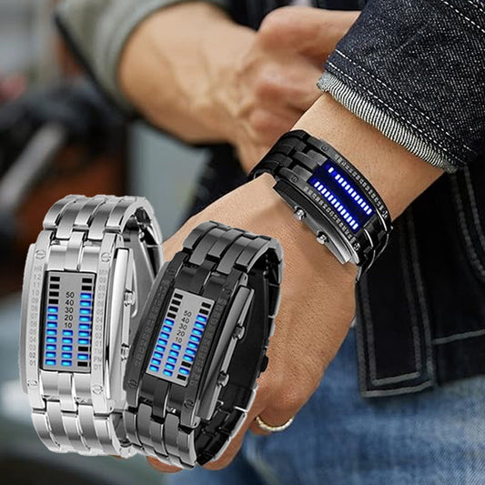 Coole Herrenuhr im Binary-Design, Edelstahl, LED-Armband, modische Sportuhr mit blauem Licht, vakuumbeschichtet, stilvolle Uhr
